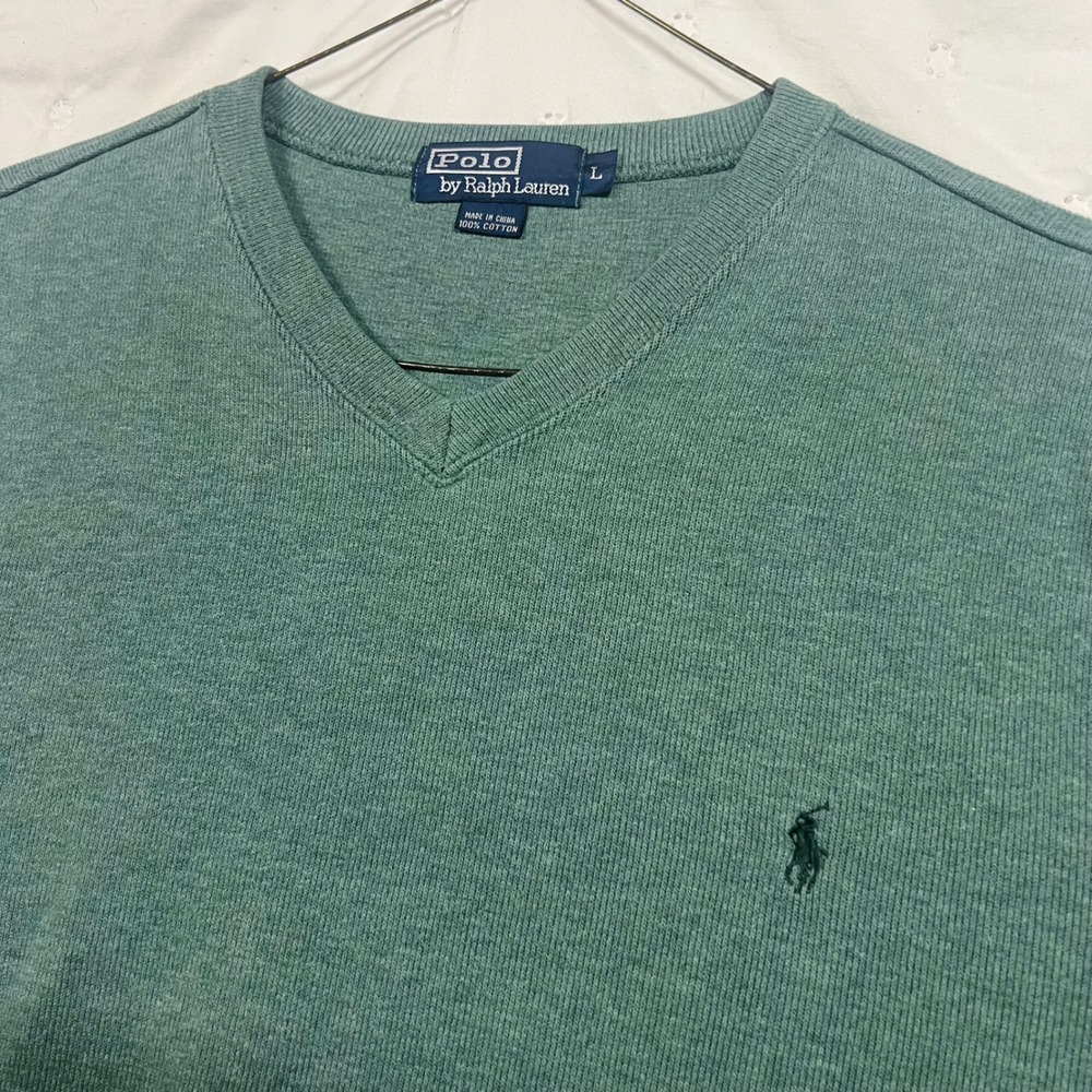 Vintage Polo Ralph Lauren Mens Green V-Neck Sweater Heavy Vintage Cotton Large